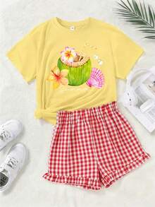 2pcs Girls Vacation Set, Loose Watercolor Coconut & Tropical Floral Print T-Shirt Paired With Plaid Ruffle Hem Shorts, Cute Matching Outfit For Summer Beach Trip And Casual Daily Wear - Yellow - View 2