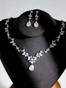 Bộ trang sức cưới đính đá Cubic Zirconia hình giọt nước thủ công hoàn toàn, gồm dây chuyền mặt lá và bông tai, phụ kiện thời trang dự tiệc. - Bạc - Xem 3