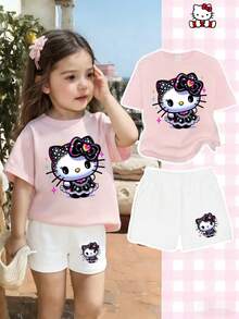 Sanrio Kids' Summer Set - Cute & Fun Anime Hello Kitty Sparkle Dress Pattern Print 2-Piece 4-7 Years Kids Short Sleeve T-Shirt And Shorts, Casual & Minimalist, With Pockets, Perfect For Summer Kawaii Tees Cute Tees 2-Piece Kids Set - Hồng + Trắng - Xem 1