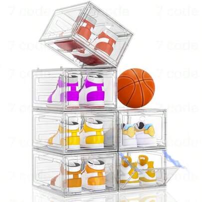Thickened Clear Shoe Storage Organizer With Magnetic Door Sturdy Stackable Shoe Boxes For Closet Collapsible Space-Saving Shoe Rack For Sneakers And Boots Plastic Shoe Cabinet Box Set 6 Pack White