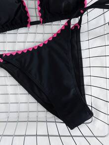 女士純色加固縫線掛脖綁帶式兩件式泳衣，性感高端簡約女孩風休閒款，適合海灘度假、旅行派對與夏季 - 黑色玫紅芽 - 查看 6