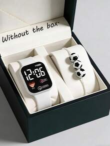 2/1 Set, New Fashionable Minimalist Cute Square Digital Display Sports Watch With Heart Decor, Suitable For Both Men And Women. It Comes With A Football Bracelet, Perfect For Wearing To Check The Time During Parties, Gatherings Or Travels. It Is Also An Excellent Choice As A Gift For Mother's Day, World Cup Season, Or For Mothers And Friends During The Back-To-School Season. - Multicolor - View 3