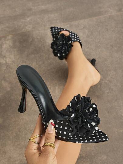 Women's High Heel Mules With Vintage Black And White Polka Dot Floral Design, Sophisticated And Stylish, One-Piece Slip-On Fashion Sandals For Spring/Summer, Suitable For Casual, Nightclub, Outdoor Walking, Travel, Soft And Skin-Friendly Material, Sexy Black High Heel Sandals, Ideal Gift For Valentine's Day, Mother's Day, Women's Day, Ramadan, New Year