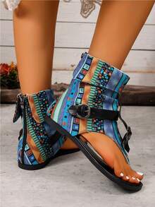 Dép xỏ ngón nữ, kiểu dáng nhẹ, phong cách bohemian mùa hè mới, thoáng khí, đế bằng, in họa tiết, khóa kéo phía sau. - Màu xanh lam - Xem 5