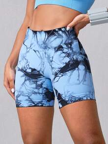 NcmRyu 1件装 女士高腰无缝弹力扎染运动修身短裤 - 藍色 - 查看 5