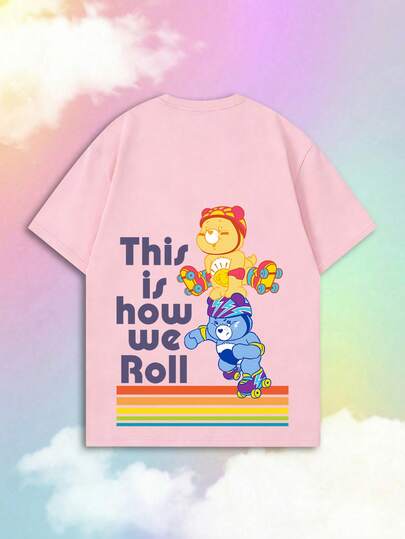 SHEIN | Care Bears 夏季女款短袖经典卡通双熊轮滑趣味标语印花T恤，融合甜美酷炫的E-Girl风格和美式复古美学，既适合日常穿着，也适合各种场合，例如女生约会、夏季购物、校园通勤、主题派对、复古市集、日常度假、节日聚会等等，是打造千禧一代独特街头风穿搭的必备单品。