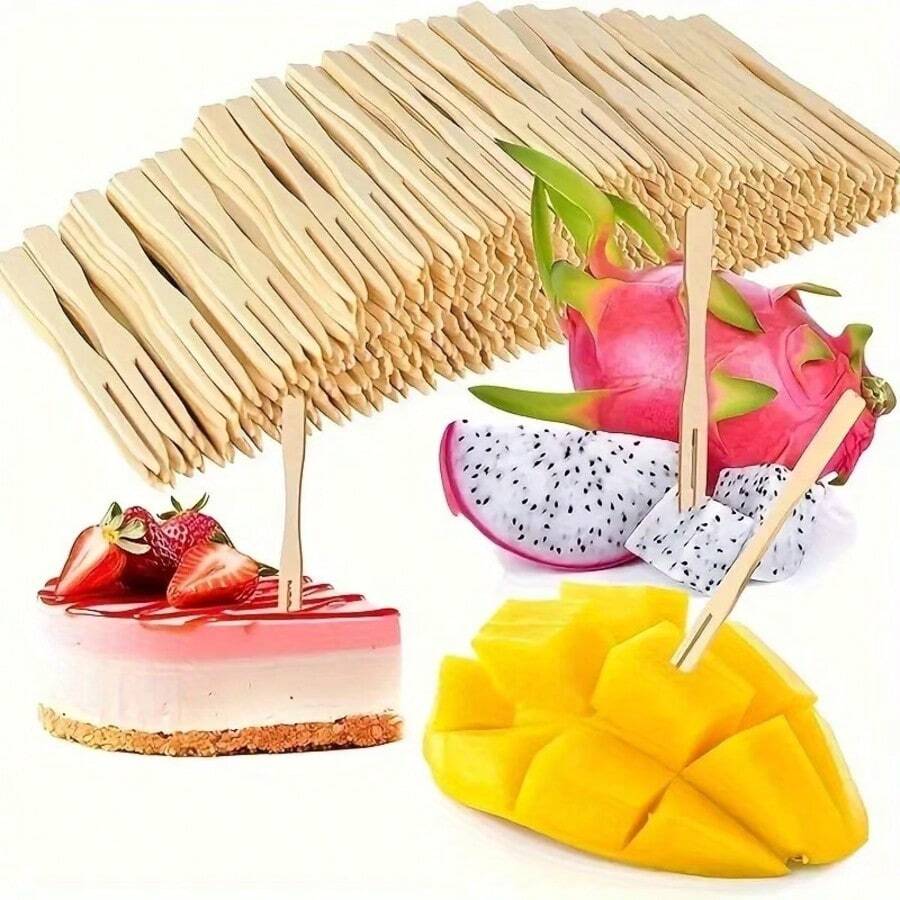 50/100/200/300 Pcs Bamboo Mini Forks - 3.5 Inch Disposable Cocktail & Fruit Forks For Party, Wedding & Dessert - Smooth Edge Design