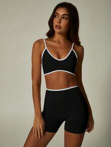 UONNOU 2pcs Sports Set, Including Sports Bra And High Waist Shorts With Contrast Color Trim - Black - View 4