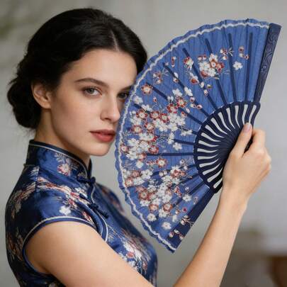 1pc D EXCEED Elegant Floral Handheld Folding Fan, Featuring Wavy Frame, Suitable For Women, Classic Party/Photography Prop, Suitable For Summer Celebrations, Outdoor Activities And Stage Performances,Holiday,Travel