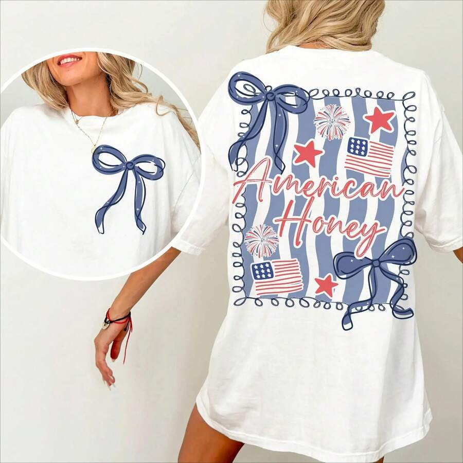 American Honey Coquette 4th Of July T Shirt, Girly Memorial Day T Shirt, Vintage Usa T Shirt, Independence Day T Shirt, Land Of The Free, Merica 4th Of July T Shirt, 4th Of July Fits For Women, 4th Of July, 4th Of July Shirt, 4th Of July Shirt Unisex..Summer Outfits For Women - 白色 - 查看 1