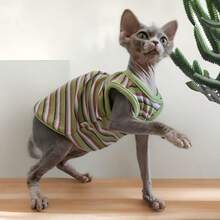 Maillard Color Pet Clothes For Hairless Cats, Sphynx & Devon Rex Cats, Elastic Criss-Cross Striped Elastic Vest, Summer - Blue - View 1