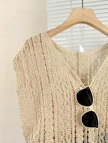 法式休闲镂空针织无袖上衣，轻盈透气防晒背心，女士夏季款 - 杏色 - 查看 5