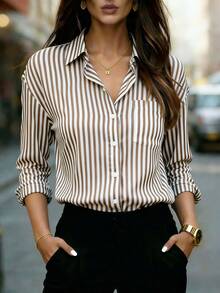 Women's Classic Striped Long Sleeve Shirt, With Collar, Front Button Design, Pocket Decor, Suitable For Office & Casual Wear In Spring, Summer, Autumn And Winter - Coffee Brown CS046-2 - View 9