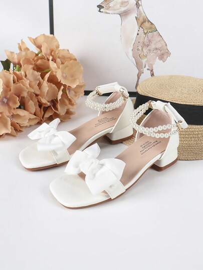 1 Pair Summer New Girls Shoes, Fashion Square Toe Square Heel Bow Decor Sandals, Girls High Heel Dance Shoes, Student Performance & Daily Wear Sandals, Fresh Elegant