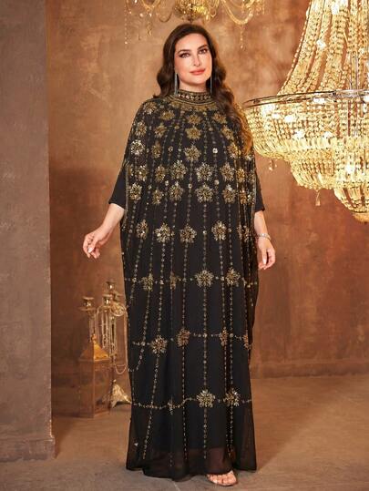  Đầm dạ hội thanh lịch bằng vải satin đính sequin, cổ tròn, tay dài dành cho nữ cỡ lớn SUPGIR.