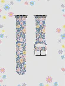 蓝色背景绿色叶子彩色花朵硅胶表带，兼容 38mm 40mm 41mm 42mm 44mm 45mm 49mm，兼容 Series Ultra/S11/S10/SE/8/7/6/5/4/3/2/1 - 彩色 - 查看 10