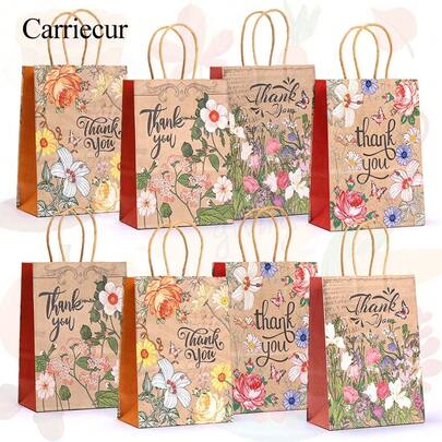 CARRIECUR Bolsas de regalo de papel kraft con flores y asas, diseño de flores vintage surtido, bolsas de fiesta decorativas para agradecimiento, envoltura de regalos, cumpleaños, boda, baby shower, despedida de soltera, Día de la Madre, decoraciones de fiesta