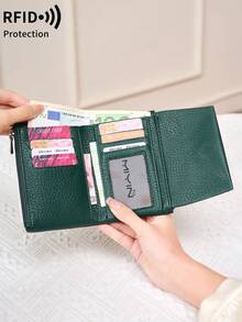MIYIN Women's Short Soft Large Capacity Wallet, Multi-Functional Multi-Layer Design, Elegant Patchwork Magnetic Closure, Multi-Card Slot Clutch, Dual Zipper Coin Pocket ID Card Holder, Lightweight Three-Fold Practical Handbag, Suitable For Party, Date, Holiday Gift - Dark Green - View 4