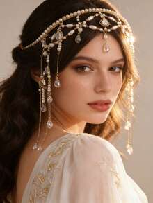 Diadema elegante de tono dorado con perlas y cristales, accesorio de cabello hecho a mano con borlas estilo bohemio para novias, damas de honor, baile de graduación y fiestas de noche - Dorado - Ver 2