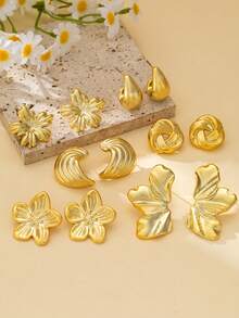 12pcs Men's Fashion Earring Set, Including Everlasting Flower, Round Wrapped, Five-Petal Flower, Small Teardrop, Left & Right Floral Designs, ABS Resin Material With UV Plating, Hypoallergenic Thick Gold Earrings, Elegant For Daily Wear, Parties, Gifts For Friends, Wives, Mothers - Gold - View 2