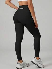 TimeOff 1pc Women High Waist Solid Color Elastic Stitching Slimming Sports Pants - Black - View 11