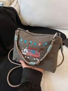 Bolso de hombro tipo mensajero versátil y de uso diario con diseño de literatura fresca, bolso de mensajero retro tejido de nicho con correa de hombro ajustable, bolso de mensajero clásico personalizado para ir a la universidad, compras y citas, entre otros. - Gris - Ver 12