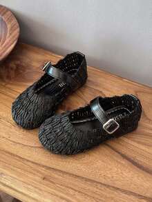 1 Pair Girls Shallow Cute Princess Leather Shoes, Toddler Non-Slip Soft Bottom Breathable Versatile Children's Roman Style Flat Mary Jane School Shoes, Suitable For Summer - Black - View 5