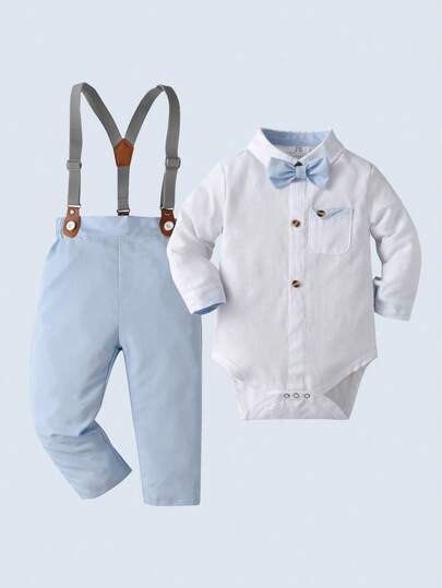 两件套男婴绅士套装 - 长袖白衬衫配领结和背带裤，时尚百搭，适合生日派对、婚礼、一周岁生日庆典等场合。