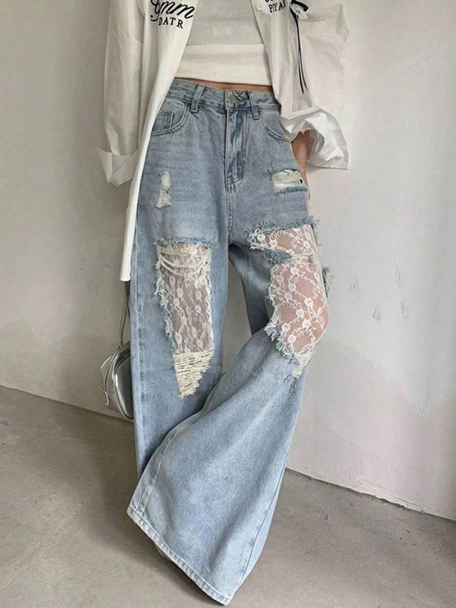 Quần jeans rách phối ren thời trang mùa xuân - Rửa nhẹ - Xem 1