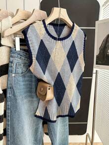 ADFHP Áo nữ mùa hè, Áo vest dệt kim họa tiết kim cương cổ điển, Áo tank top không tay cổ tròn viền tương phản, Áo camisole nhiều lớp kiểu sinh viên - Nhiều màu - Xem 3