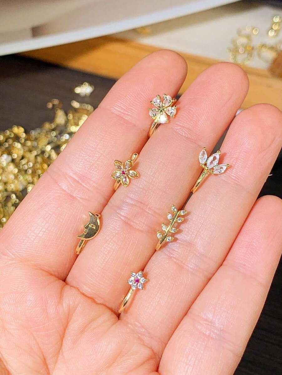 CHOSHILAR 6件套波西米亚风镀铜可调节鼻环,镶嵌彩色立方氧化锆星月花叶组合鼻夹,男女通用,适合沙漠音乐节假日佩戴,无需穿孔 - 金9 - 查看 1