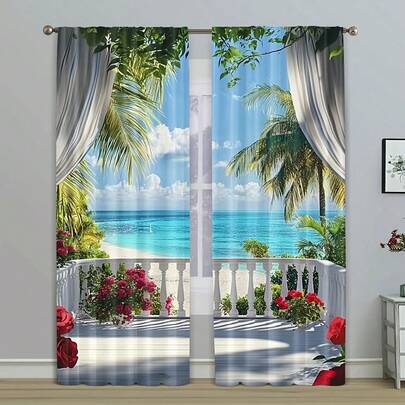 2pcs Vintage Tropical Seaside Print Curtains - 100% Polyester, Semi-Transparent Panels With Balcony & Ocean View Design, Perfect For Living Room & Bedroom Decor, Available In Multiple Sizes, Curtains For Living Room