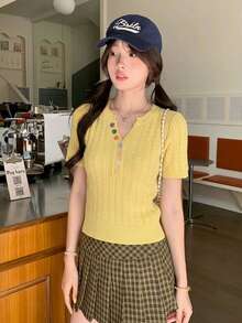 Colorful Button V-Neck Fitted Knit Sweater, Slimming Pullover Top (Button Color Random), Summer - Yellow - View 3