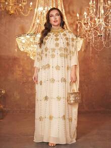 SUPGIR Plus Size Women's Sequin Embellished Stand Collar Dress Spring - Apricot - View 3