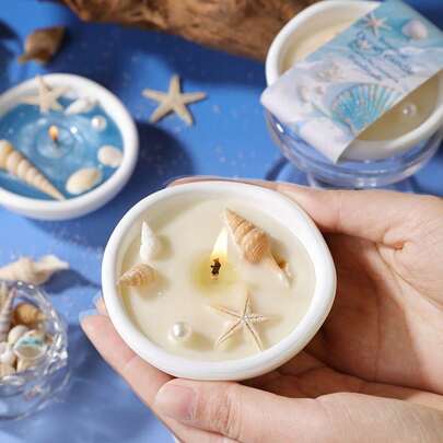 Nến thơm hình bát thạch cao chủ đề đại dương mùa hè sáng tạo, trang trí vỏ sò và sao biển, vật trang trí bàn làm việc, quà tặng phong cách ven biển.