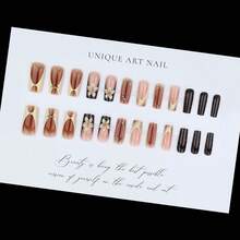 Ombre Brown Gradient Carved Leopard Print Elegant Nail Tips, Suitable For Women & Girls For Dates, Parties, Convenient For Travel, Press-On Nail Decals - Multicolor - View 3