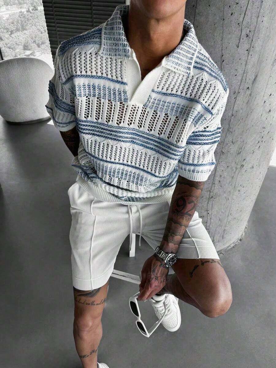Men's Hollow Out Semi-Sheer Striped Knit Short Sleeve Polo Shirt, Comfortable Breathable Lightweight Knit Top For Casual Wear, Suitable For Vacation And Valentine's Day - 彩色 - 查看 1