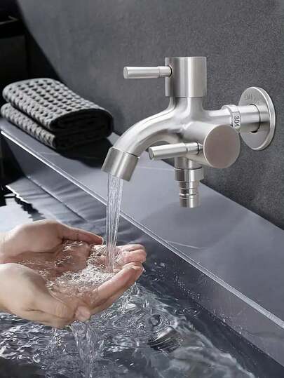 1pc Heavy Duty Dual-Head Stainless Steel Faucet, With Separate Hot & Cold Water Control, Rust-Resistant For Indoor/Outdoor Use, G1/2 Inch Thread Fits Washing Machine & Garden Hose, Durable Metal Structure, Multi-Purpose Household