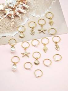 16件套奢华海滩元素发圈，饰以金色海星、海螺、贝壳和白色珍珠 - 夏季可调节合金发箍，海岸波西米亚风脏辫饰品 - 金色 - 查看 6