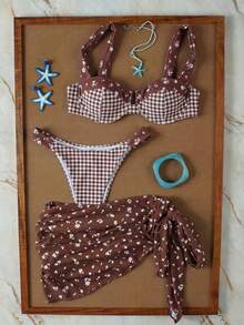 Bộ bikini nữ màu kaki phối hoa kẻ caro thanh lịch, gợi cảm, kiểu dáng thường ngày, mới về mùa xuân/hè, gồm áo khoác ngoài và váy ngắn, thích hợp cho đi biển, kỳ nghỉ, tiệc tùng, hẹn hò. - Nhiều màu - Xem 2