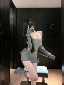 袖子 2+ 连衣裙 1+ 袜子 2，COS 热辣女孩针织连衣裙灰色修身镂空二维暗风性感 COS 套装 - 灰色 - 查看 1