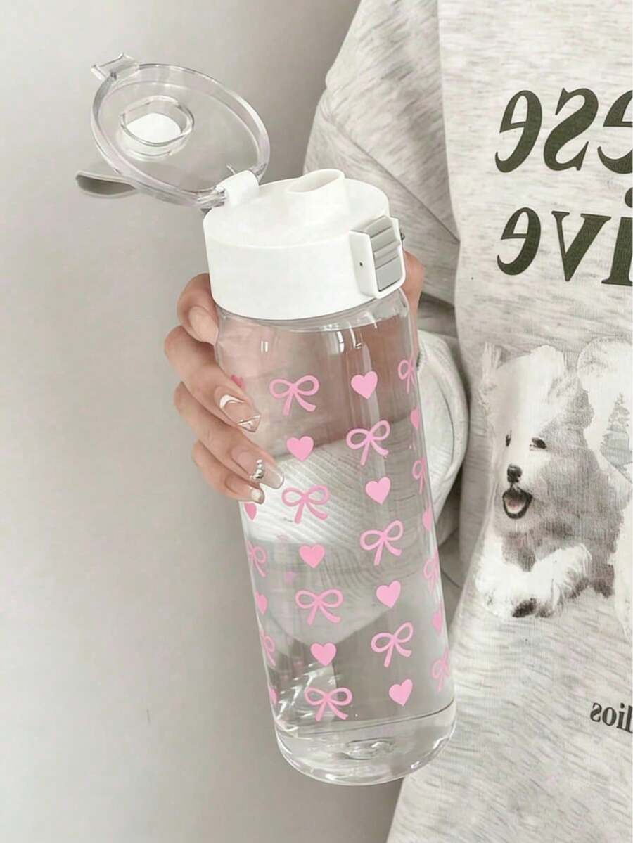 Juego de botellas de agua con estampado de corazón y lazo - 3 tamaños a prueba de fugas de Tritan con tapa abatible, reutilizables y portátiles para el gimnasio, la escuela y el uso diario - Multicolor - Ver 1