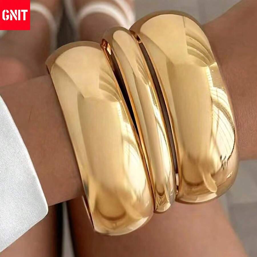 GNIT 18K Gold Plated Thick Bangle Bracelet, Minimalist Fashion Stacking Bracelet, Suitable Jewelry Accessory For Girls And Young Women - Gold - View 1