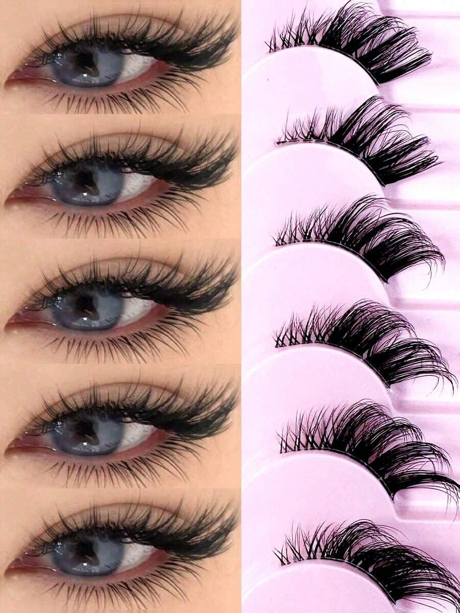 7 Pairs Transparent Band False Eyelashes, Cat Eye Style Short Soft 3D Mink Hair Lashes, Natural Makeup Look (10B-2) - Black - View 1