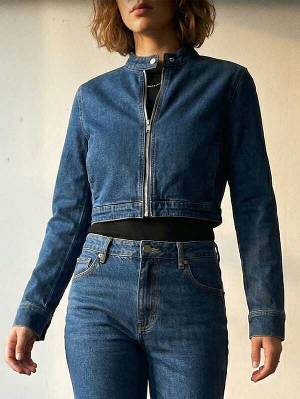 Women's Stretch Denim Jacket Short Length - Cropped Casual Jean Jacket With Zipper Front & Long Sleeves For Layering (Comfortable Fit)