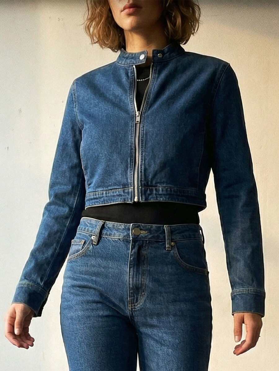 Women's Stretch Denim Jacket Short Length - Cropped Casual Jean Jacket With Zipper Front & Long Sleeves For Layering (Comfortable Fit) - Dark Wash - View 1