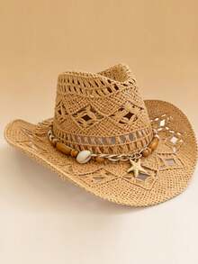 1 chiếc mũ Panama rơm rỗng đính hạt màu trơn phong cách Bohemian, mũ che nắng thời trang, đa năng, phù hợp cho các hoạt động ngoài trời, mũ đồng quê dành cho nữ, phù hợp cho mọi mùa, quà tặng ngày lễ, quà tặng Ngày của Mẹ, quà tặng Ngày Valentine. - MZ3056+ML56 - Xem 6