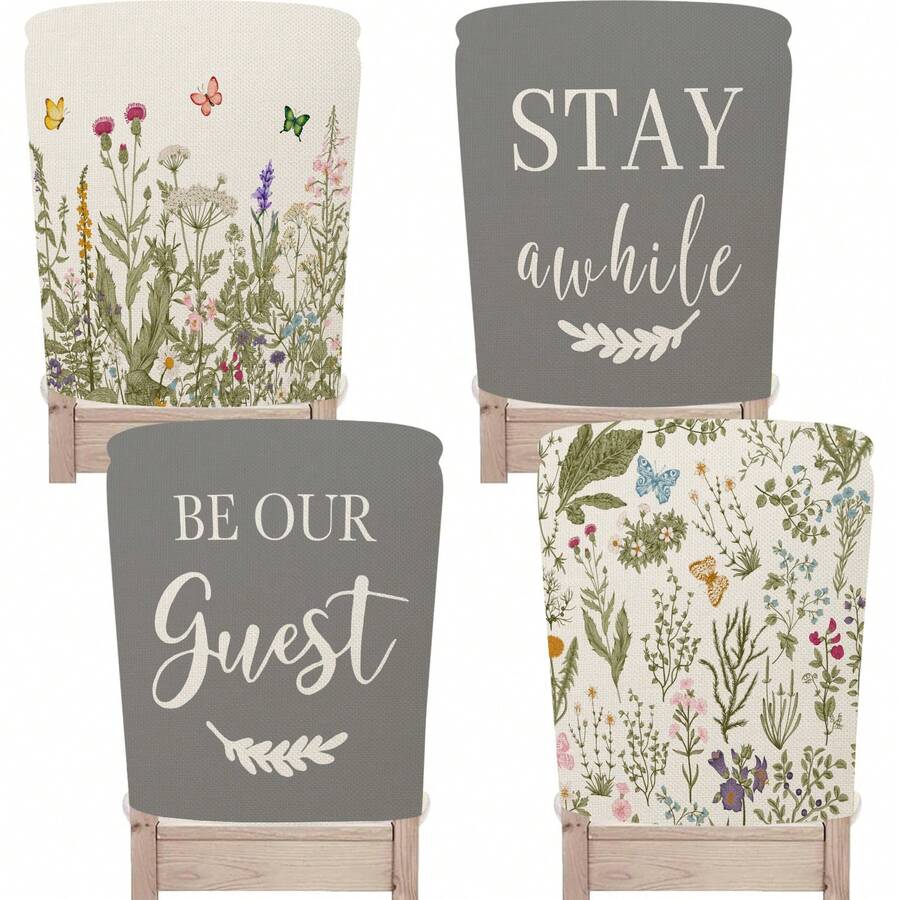 1pc/4pcs Floral Butterfly Chair Back Cover Protector, Spring New Polyester Washable Chair Slipcover For Home, Dining Room, Living Room, Kitchen Decor - Multicolor - View 1