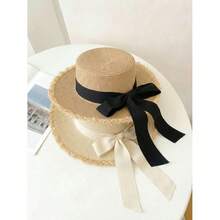 1pc Women's Fashion Straw Hat With Bow Decor, Elegant Bohemian Style Sun Hat For Beach, Travel, Everyday Wear And Party - Màu Khaki - Xem 4