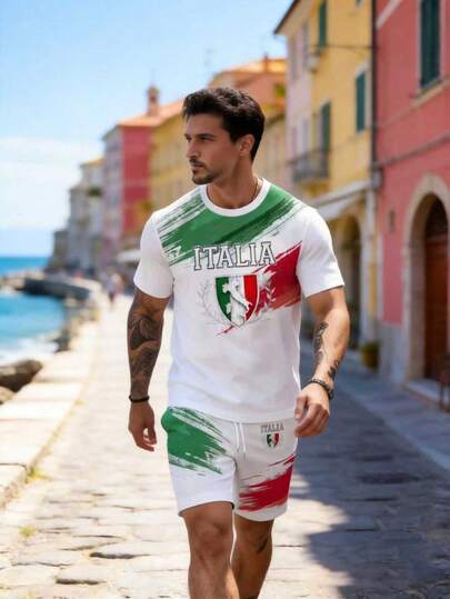 Conjunto de 2 piezas para hombre de verano 2026: Camisa de cuello redondo de manga corta + Pantalón de 3/4 con cordón